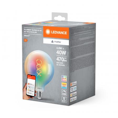 Ledvance E27 SMART+ MATTER Globe 125 LED-Lampe, kompatibel mit Google, Alexa, Apple 4,8W Multicolor 2700-6500K